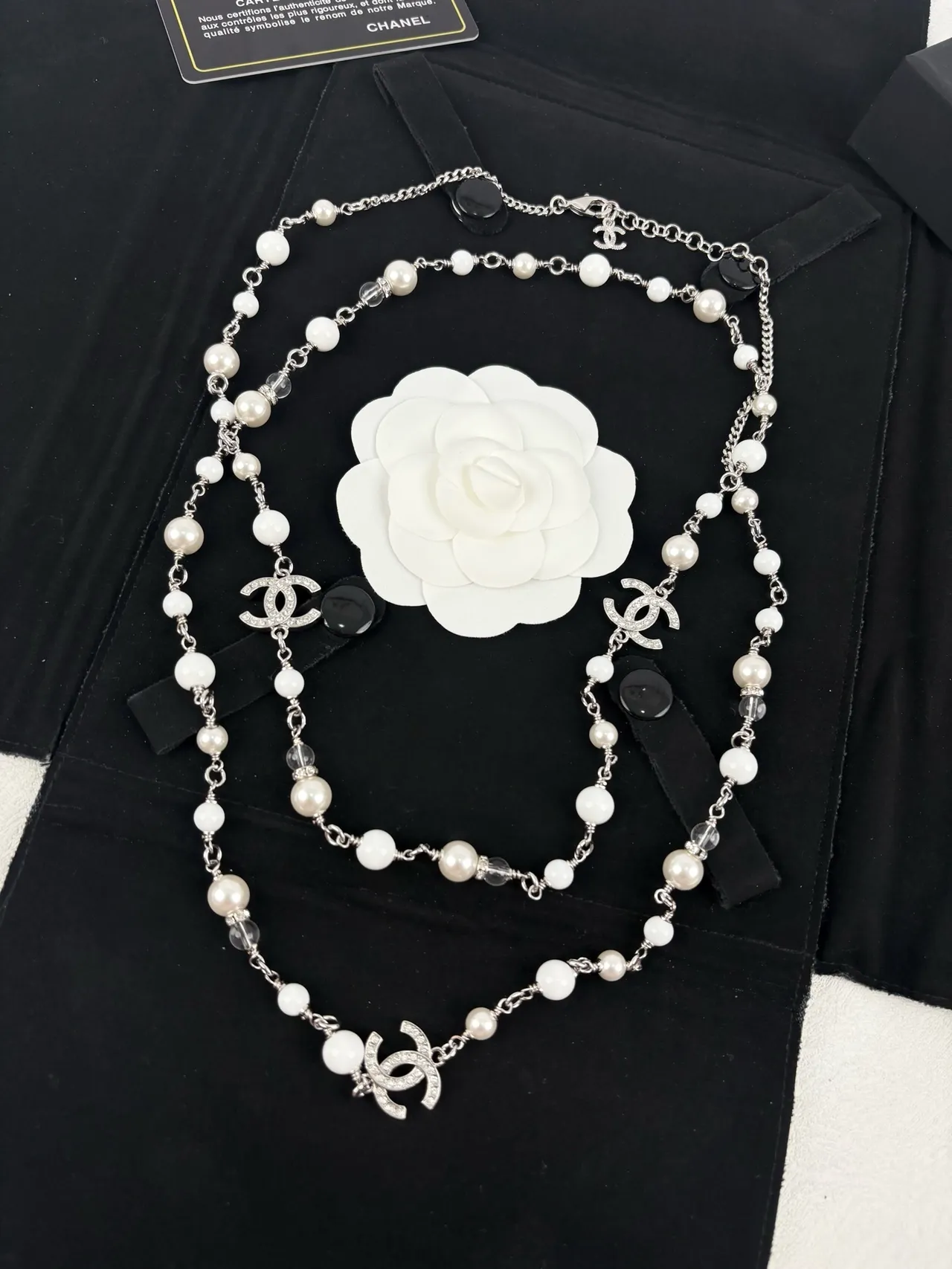 Chanel Camellia Pearl Necklace White Silver Beaded Chain Detachable Brooch Necklace 7