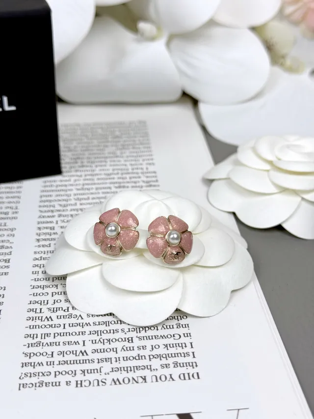 Chanel Camellia Pink Gold Floral Motif Glitter Enamel Finish Earrings 2