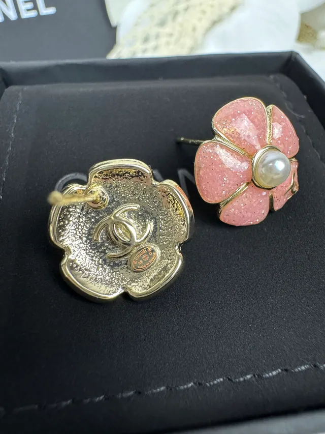Chanel Camellia Pink Gold Floral Motif Glitter Enamel Finish Earrings 3