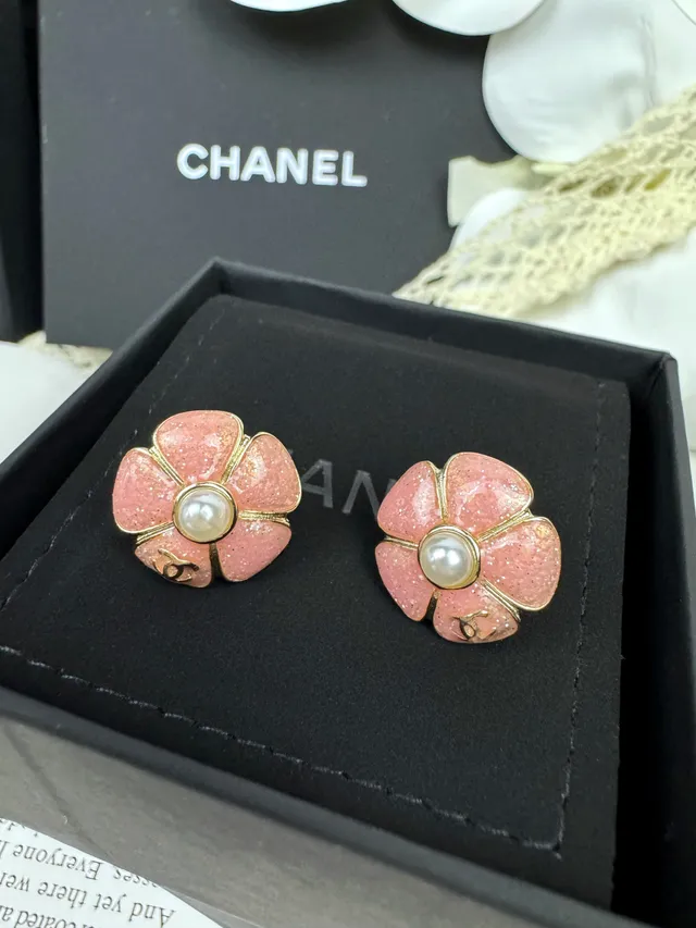 Chanel Camellia Pink Gold Floral Motif Glitter Enamel Finish Earrings 4
