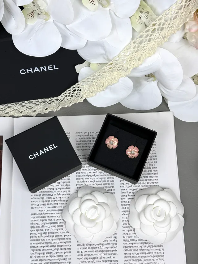 Chanel Camellia Pink Gold Floral Motif Glitter Enamel Finish Earrings 5
