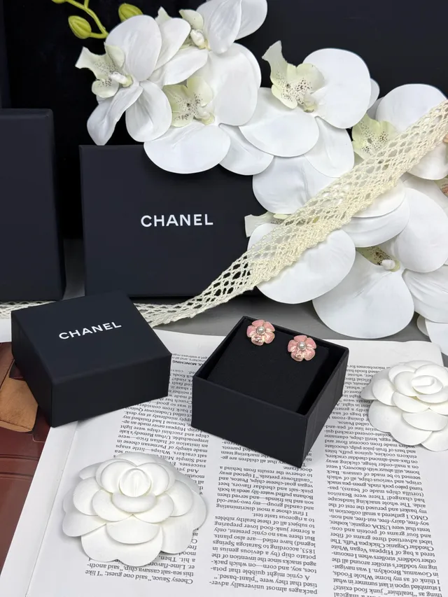Chanel Camellia Pink Gold Floral Motif Glitter Enamel Finish Earrings 6