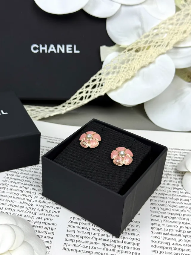 Chanel Camellia Pink Gold Floral Motif Glitter Enamel Finish Earrings 7
