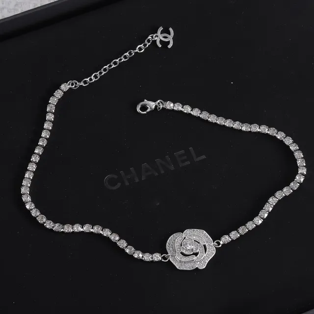 Chanel Camellia Rose Silver Transparent Pavé Crystal-Set Chain Interlocking CC Logo Clasp Necklace 5