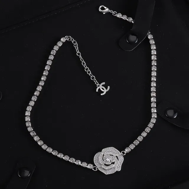 Chanel Camellia Rose Silver Transparent Pavé Crystal-Set Chain Interlocking CC Logo Clasp Necklace 6
