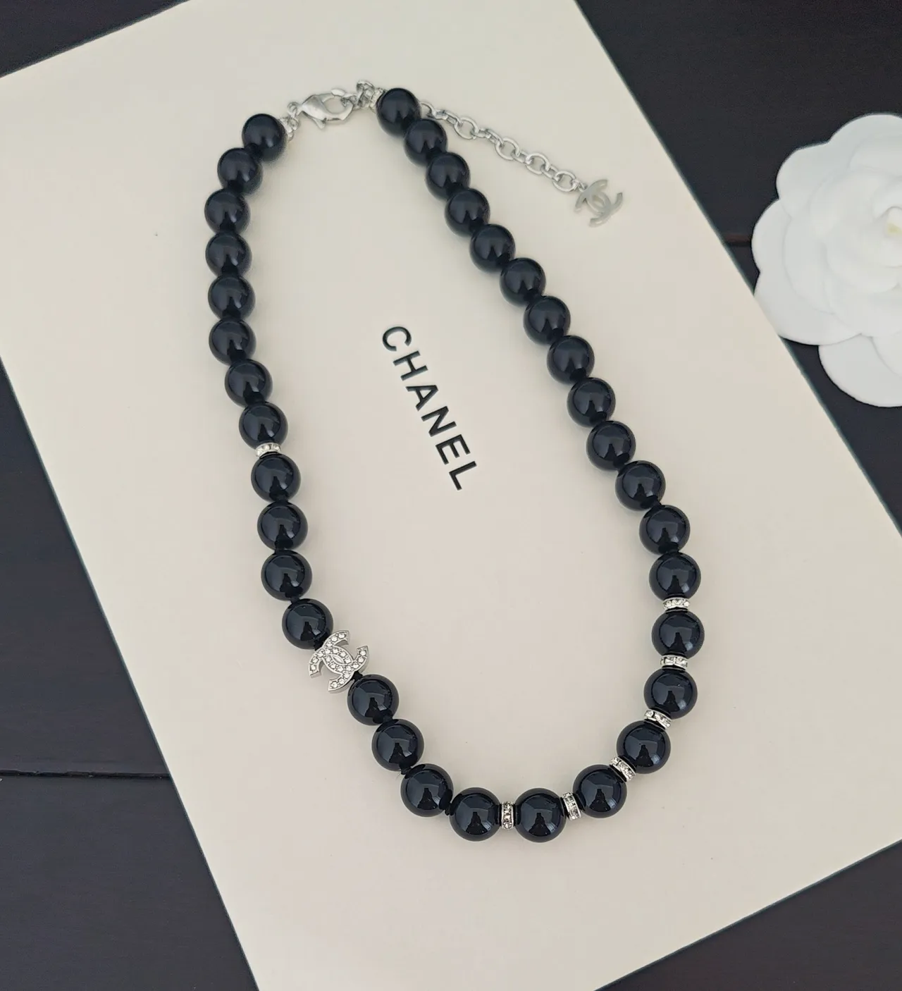 Chanel CC Bead Necklace Black Silver Glossy Strand Charms Necklace 2