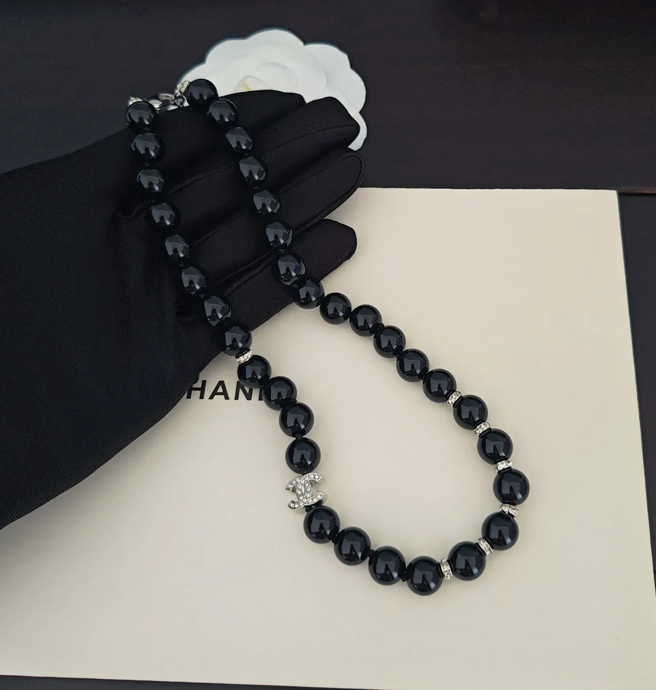 Chanel CC Bead Necklace Black Silver Glossy Strand Charms Necklace 3