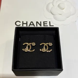 Chanel CC Camellia Gold-Tone Crystal Stud Earrings