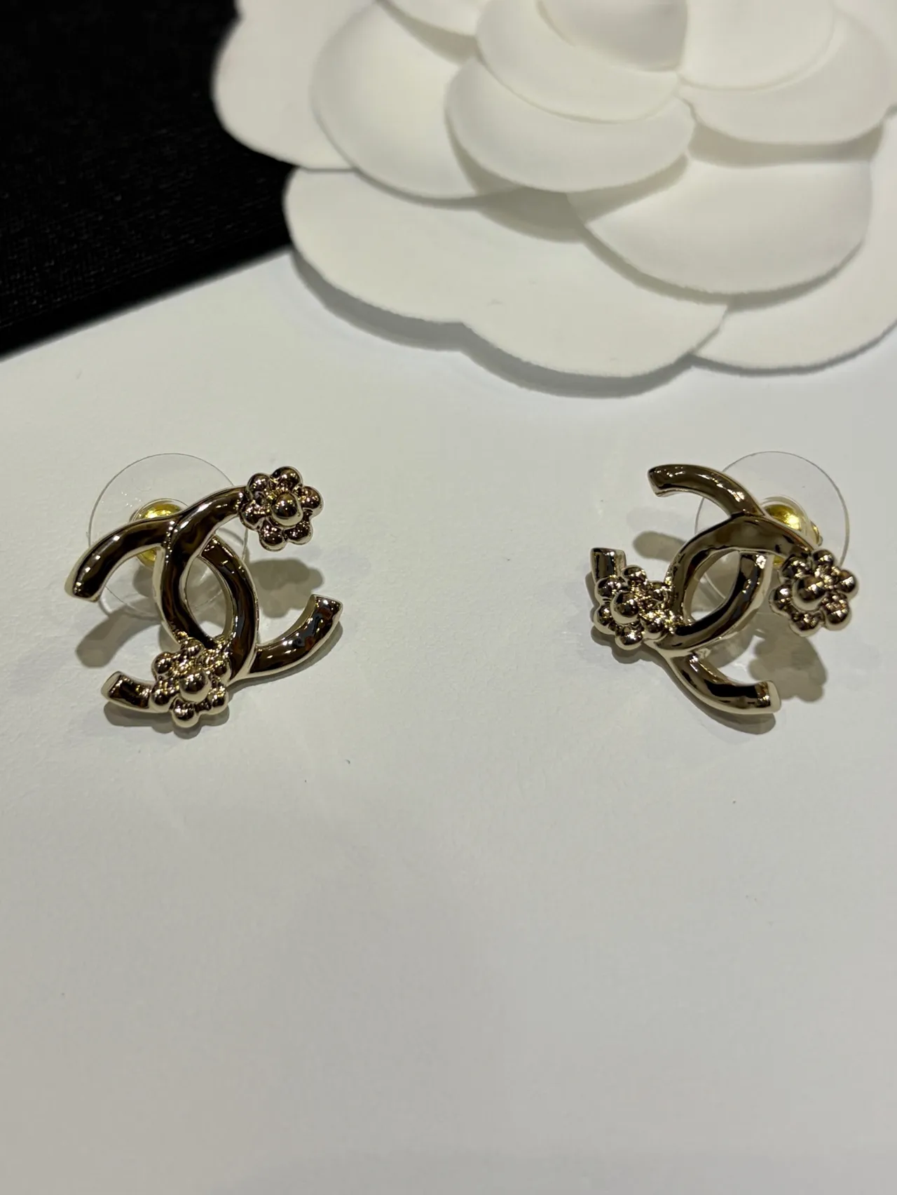 Chanel CC Camellia Gold-Tone Crystal Stud Earrings 2