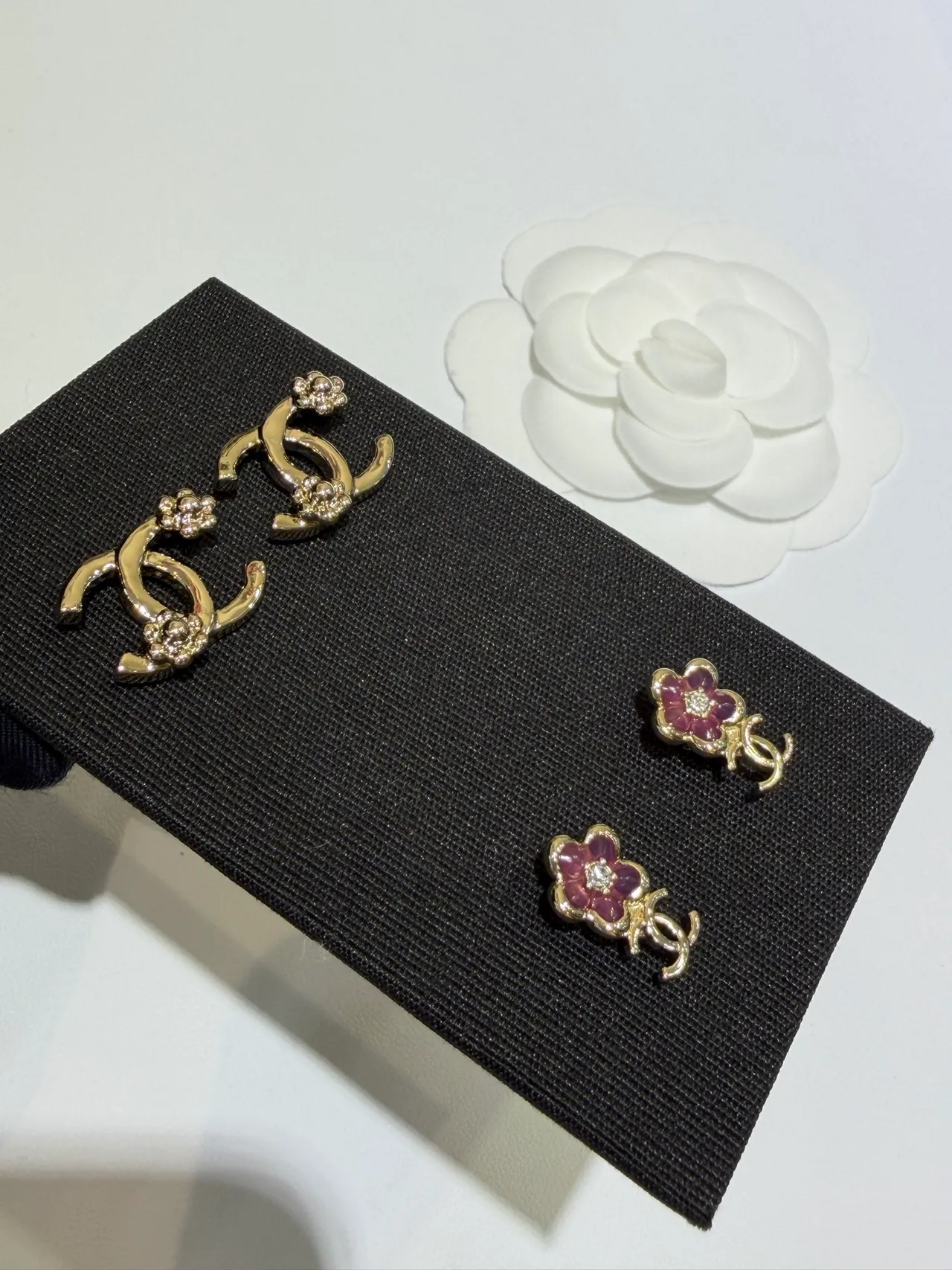 Chanel CC Camellia Gold-Tone Crystal Stud Earrings 3