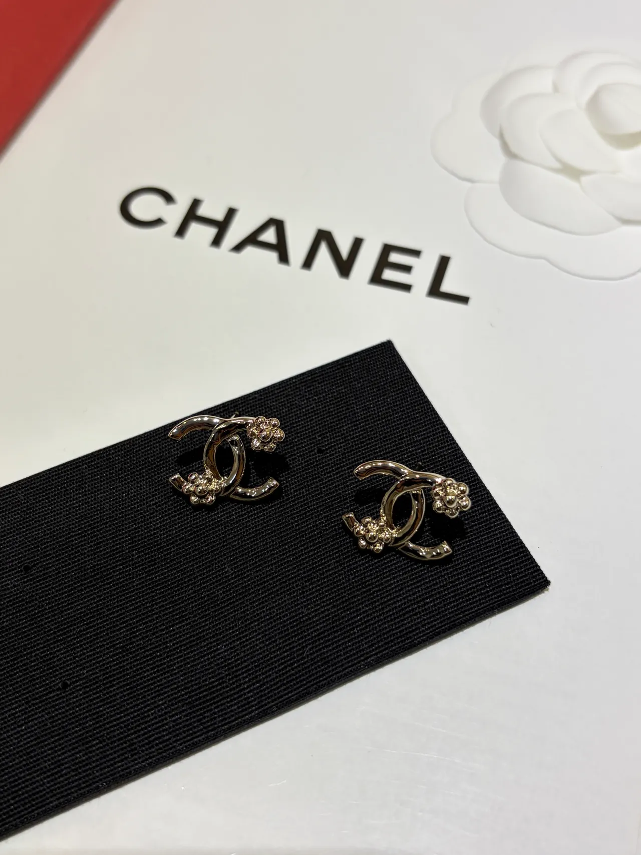 Chanel CC Camellia Gold-Tone Crystal Stud Earrings 4