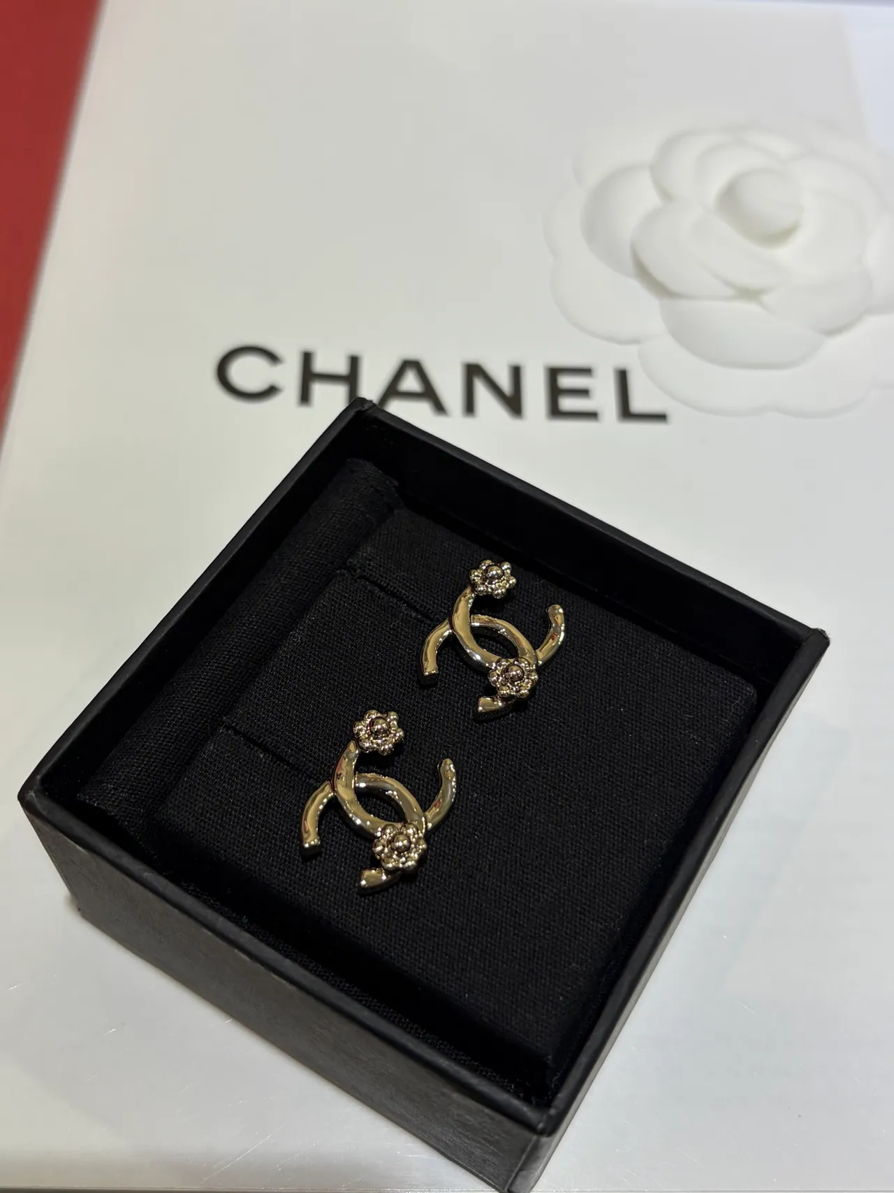 Chanel CC Camellia Gold-Tone Crystal Stud Earrings 6