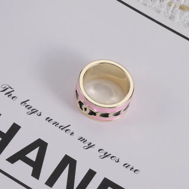 Chanel CC Chain Pink and Black Enamel Wide Band Ring 6