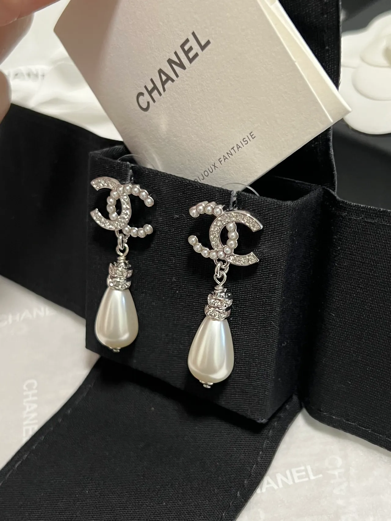 Chanel CC Crystal and Pearl Drop Earrings 5