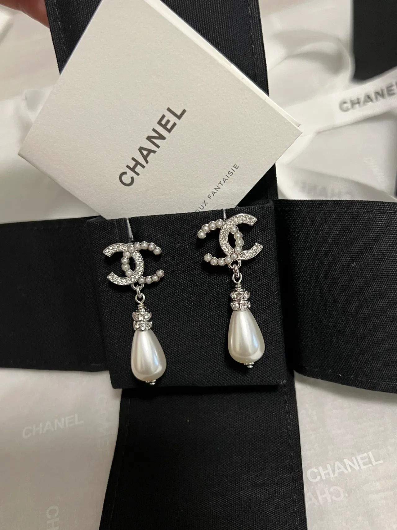 Chanel CC Crystal and Pearl Drop Earrings 7