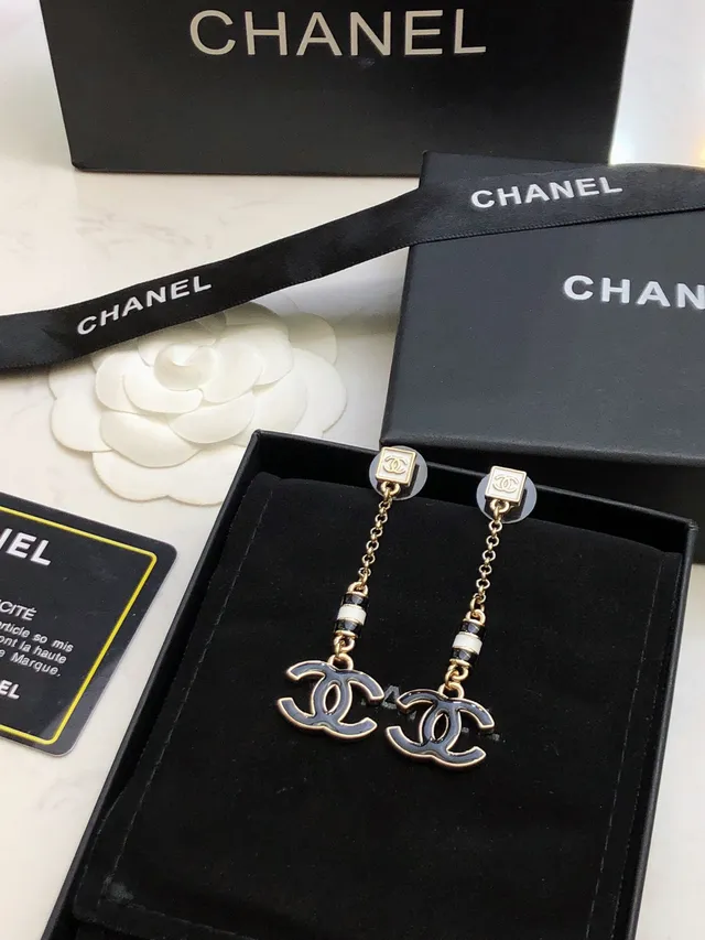 Chanel CC Drop Black Gold Enamel Charm Earrings 3