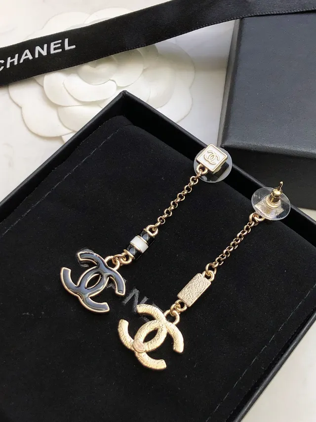 Chanel CC Drop Black Gold Enamel Charm Earrings 5