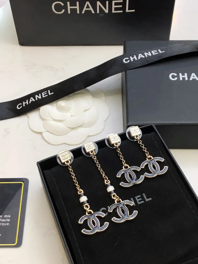 Chanel CC Drop Black Gold Enamel Charm Earrings 7