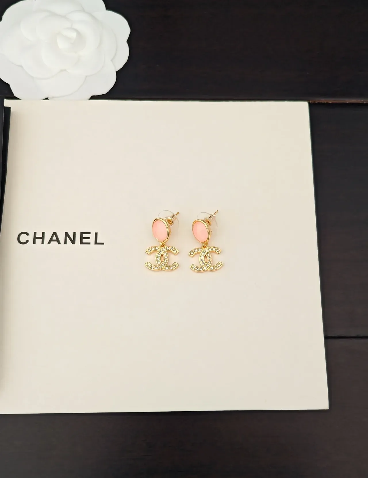 Chanel CC Drop Gold Pink Pavé-Crystal Earrings 5