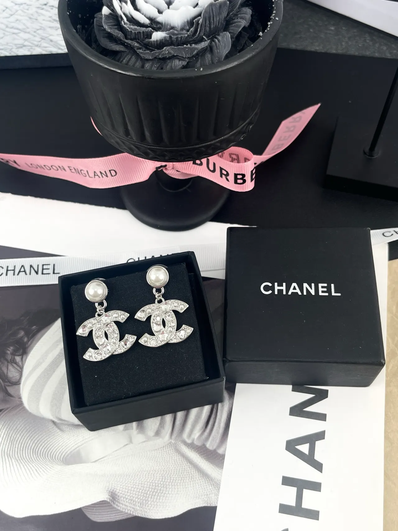 Chanel CC Logo Pearl-Top Crystal Drop Earrings 4