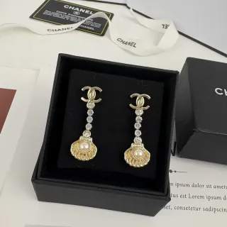 Chanel CC Logo Shell Pearl Crystal Drop Earrings