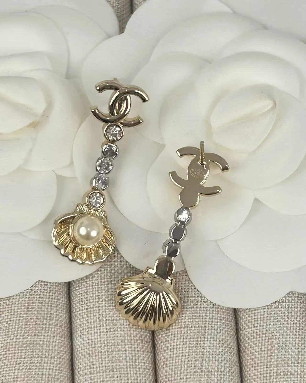 Chanel CC Logo Shell Pearl Crystal Drop Earrings 2