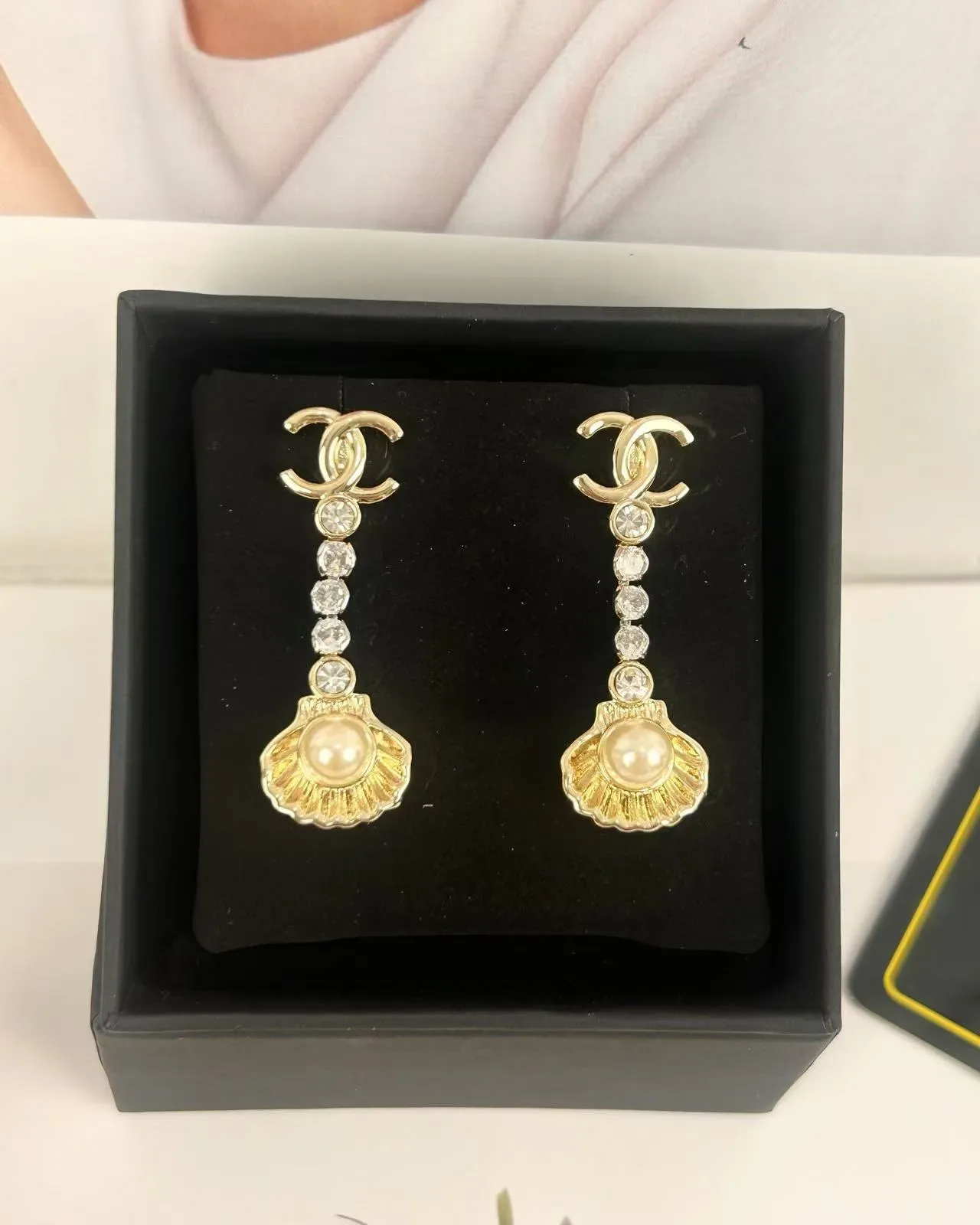 Chanel CC Logo Shell Pearl Crystal Drop Earrings 3
