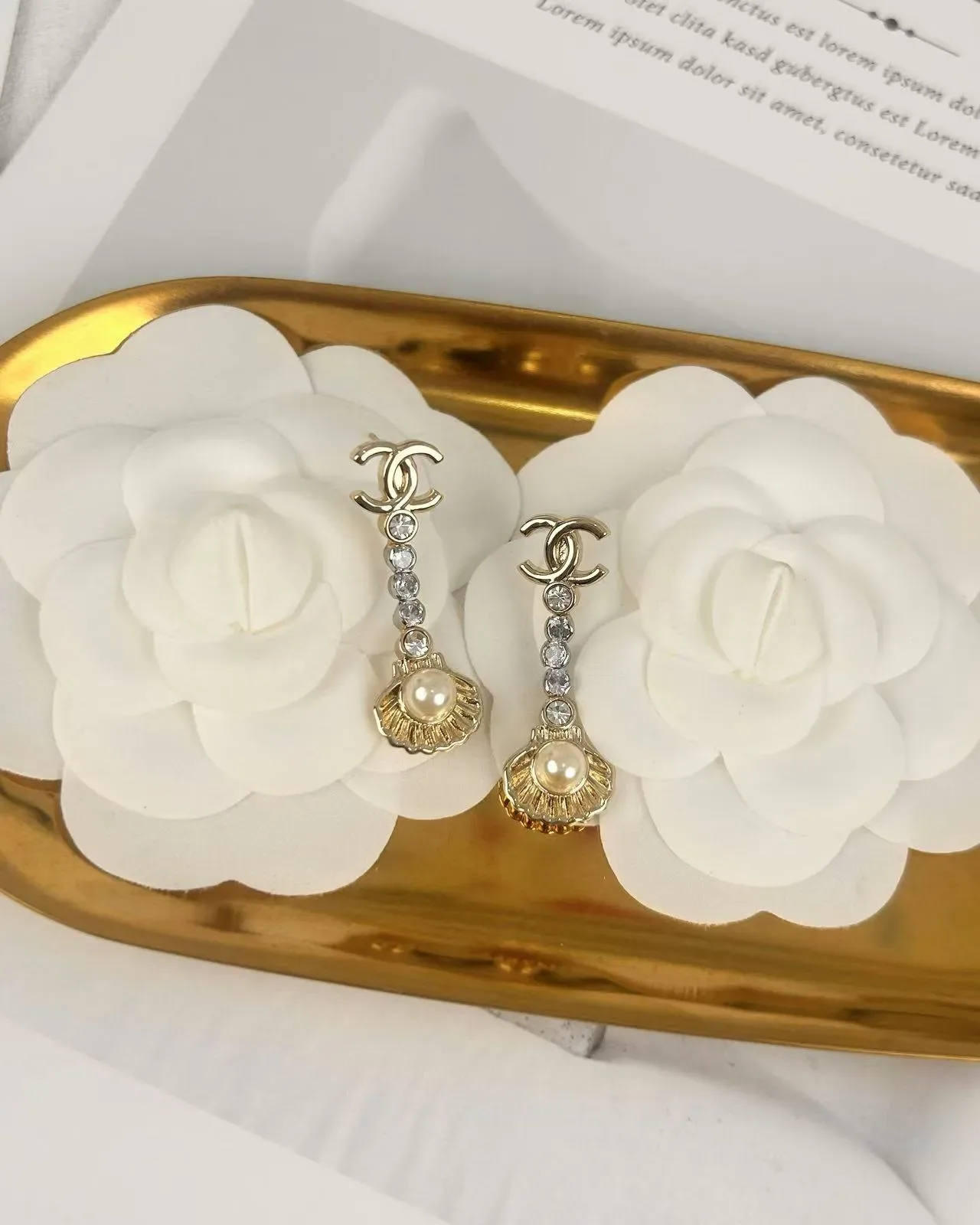 Chanel CC Logo Shell Pearl Crystal Drop Earrings 5