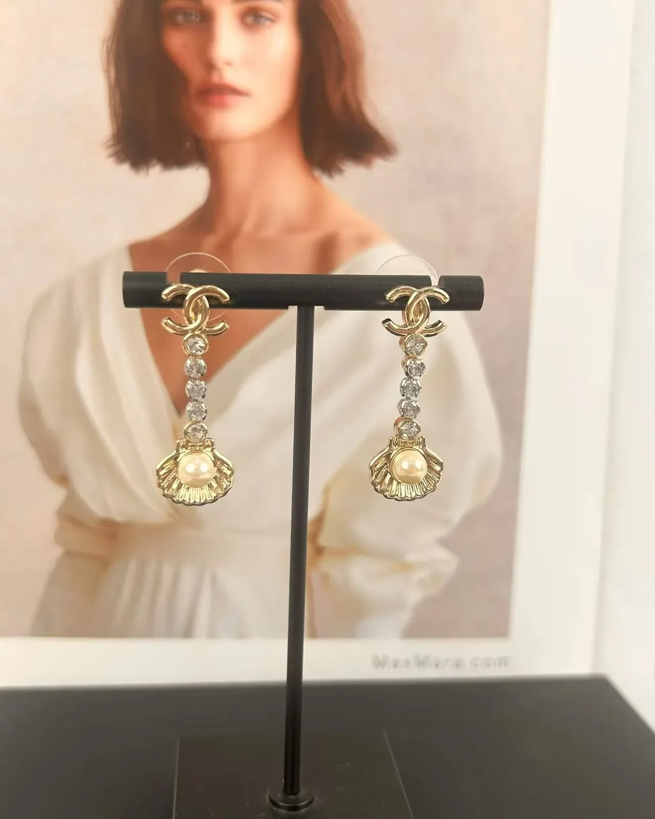 Chanel CC Logo Shell Pearl Crystal Drop Earrings 6