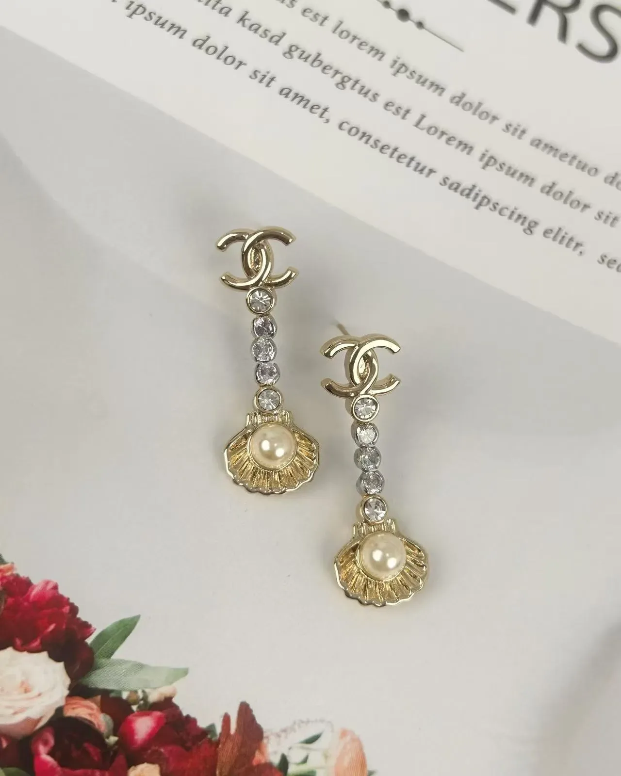 Chanel CC Logo Shell Pearl Crystal Drop Earrings 7