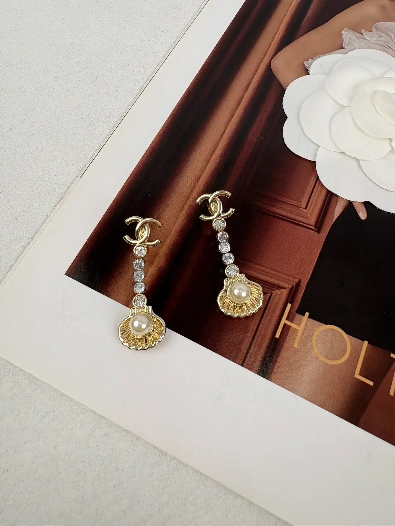 Chanel CC Logo Shell Pearl Crystal Drop Earrings 9