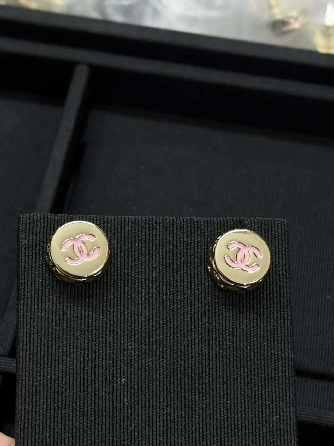 Chanel CC Logo Stud Silver Black Round Metallic Earrings 2