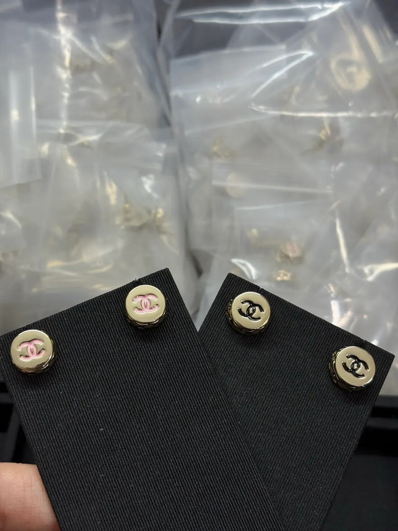 Chanel CC Logo Stud Silver Black Round Metallic Earrings 3