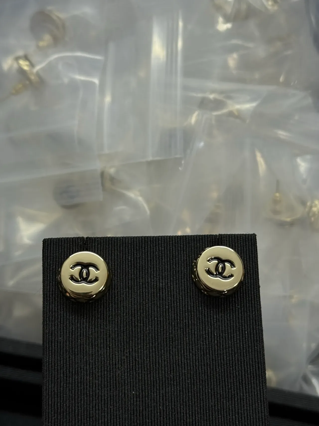 Chanel CC Logo Stud Silver Black Round Metallic Earrings 9