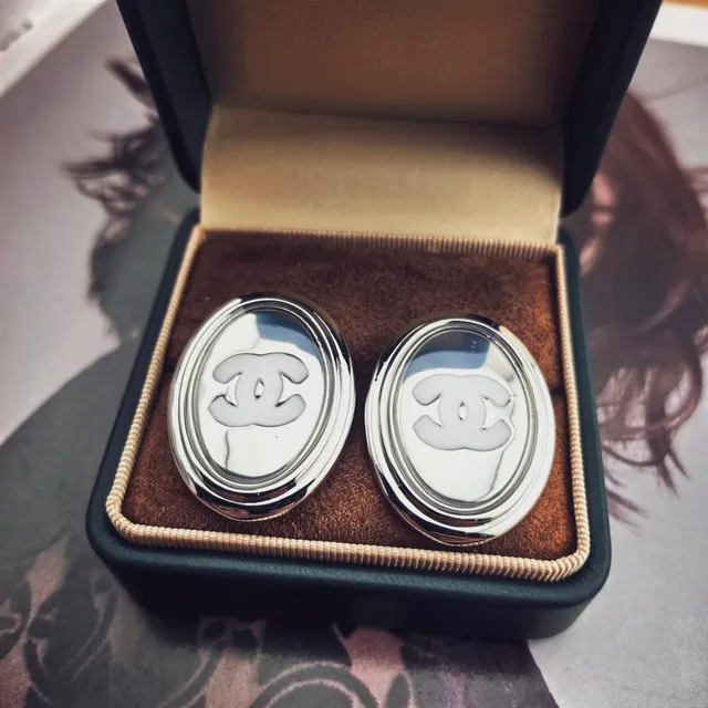 Chanel CC Oval Silver White Polished Earrings 2