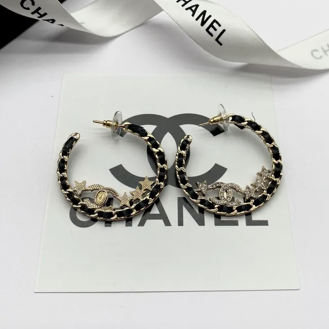 Chanel CC Star Brincos Aros Preto Dourado Corrente de Elos Pavé Cristal Logo 2