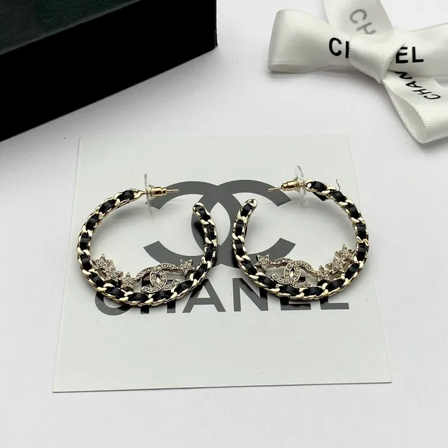 Chanel CC Star Brincos Aros Preto Dourado Corrente de Elos Pavé Cristal Logo 4