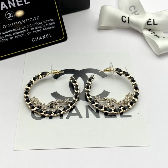 Chanel CC Star Brincos Aros Preto Dourado Corrente de Elos Pavé Cristal Logo 5