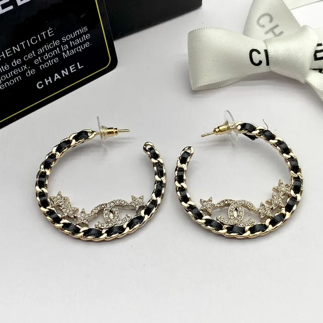 Chanel CC Star Brincos Aros Preto Dourado Corrente de Elos Pavé Cristal Logo 6