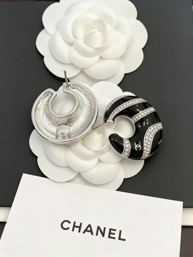 Chanel Crescent Hoop Black White Enamel And Crystal Pavé Earrings 2