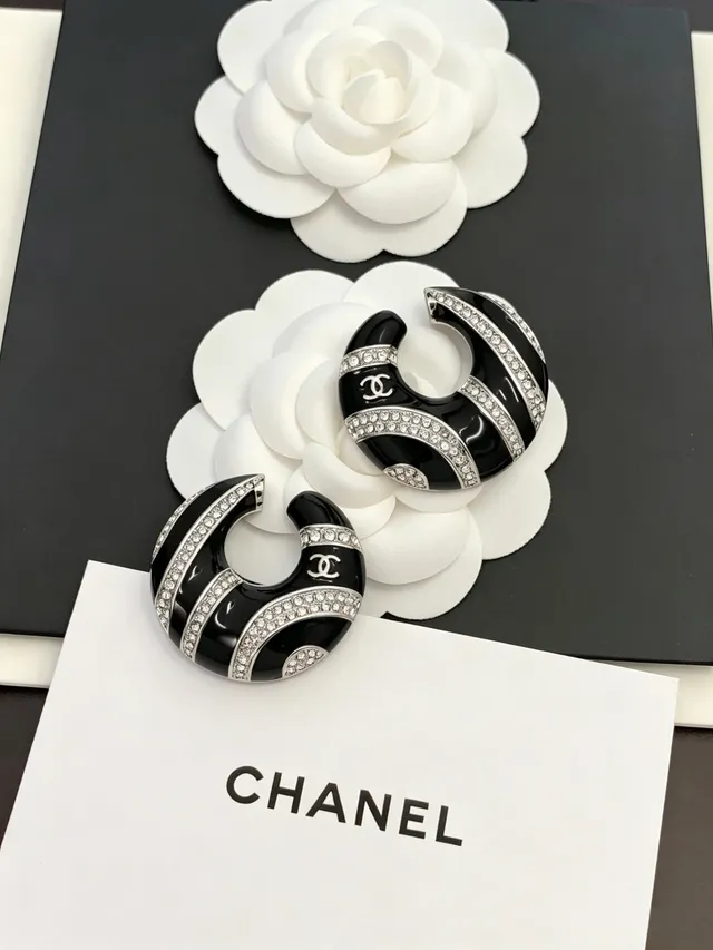 Chanel Crescent Hoop Black White Enamel And Crystal Pavé Earrings 3