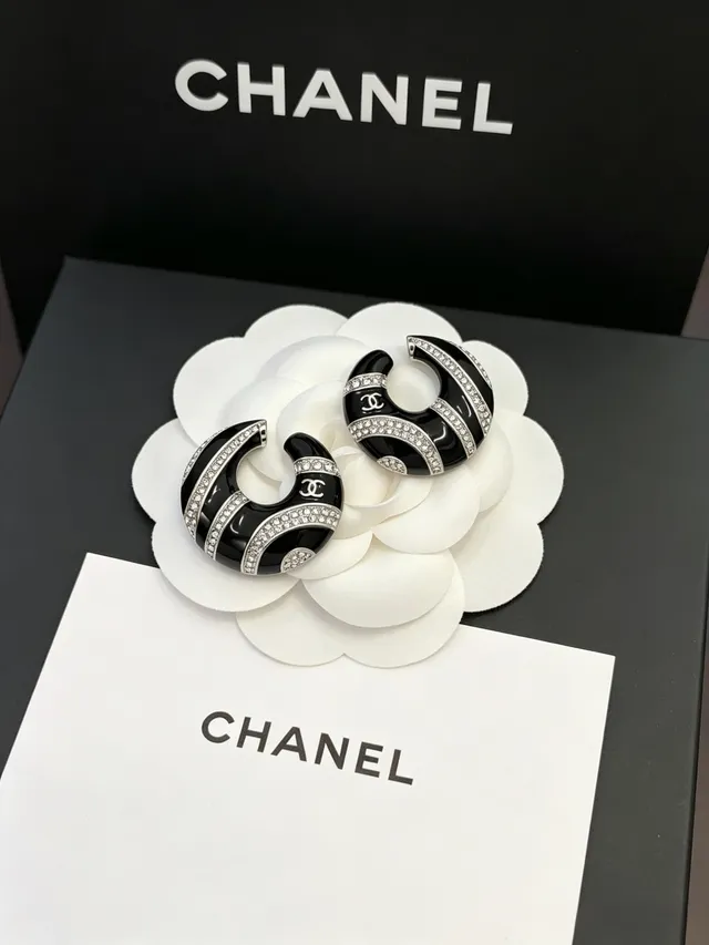 Chanel Crescent Hoop Black White Enamel And Crystal Pavé Earrings 5