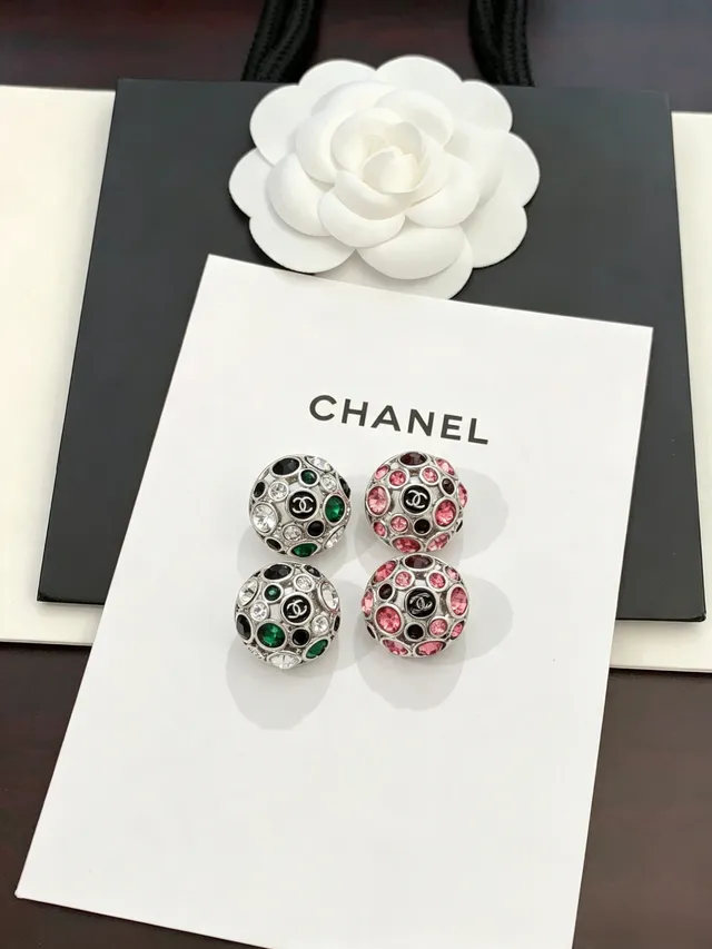 Chanel Crystal Ball Stud Pink Red Spherical Pavé Interlocking CC Logo Center Earrings 2