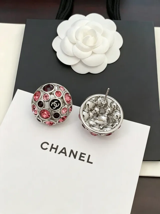 Chanel Crystal Ball Stud Pink Red Spherical Pavé Interlocking CC Logo Center Earrings 5