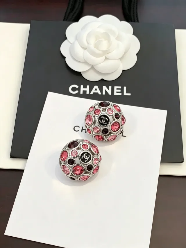 Chanel Crystal Ball Stud Pink Red Spherical Pavé Interlocking CC Logo Center Earrings 6