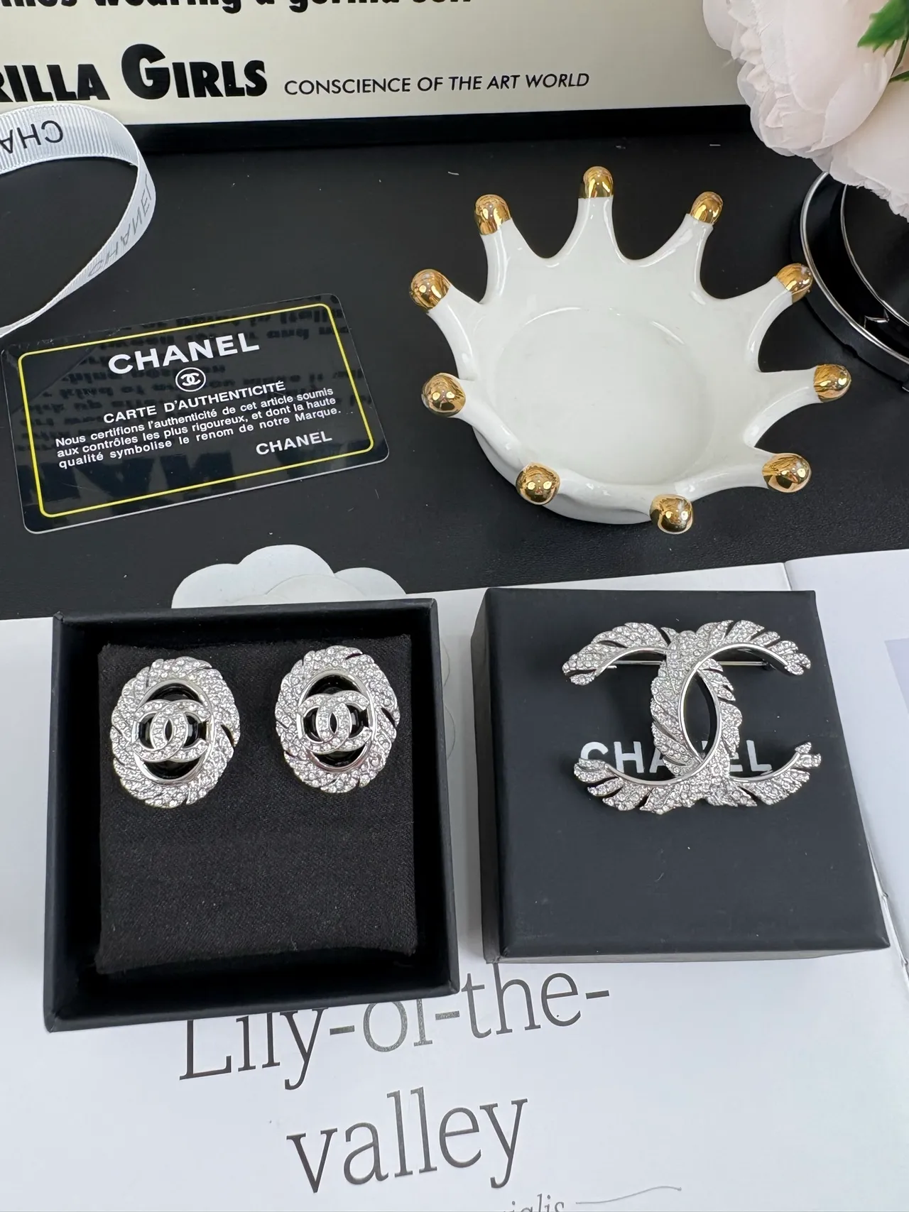 Chanel Crystal-Pavé Interlocking CC Camellia Earrings 3