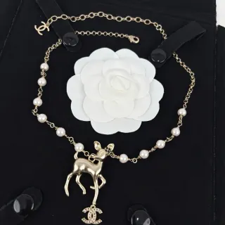 Chanel Deer Charm Pearl Beaded Gold-Tone Necklace