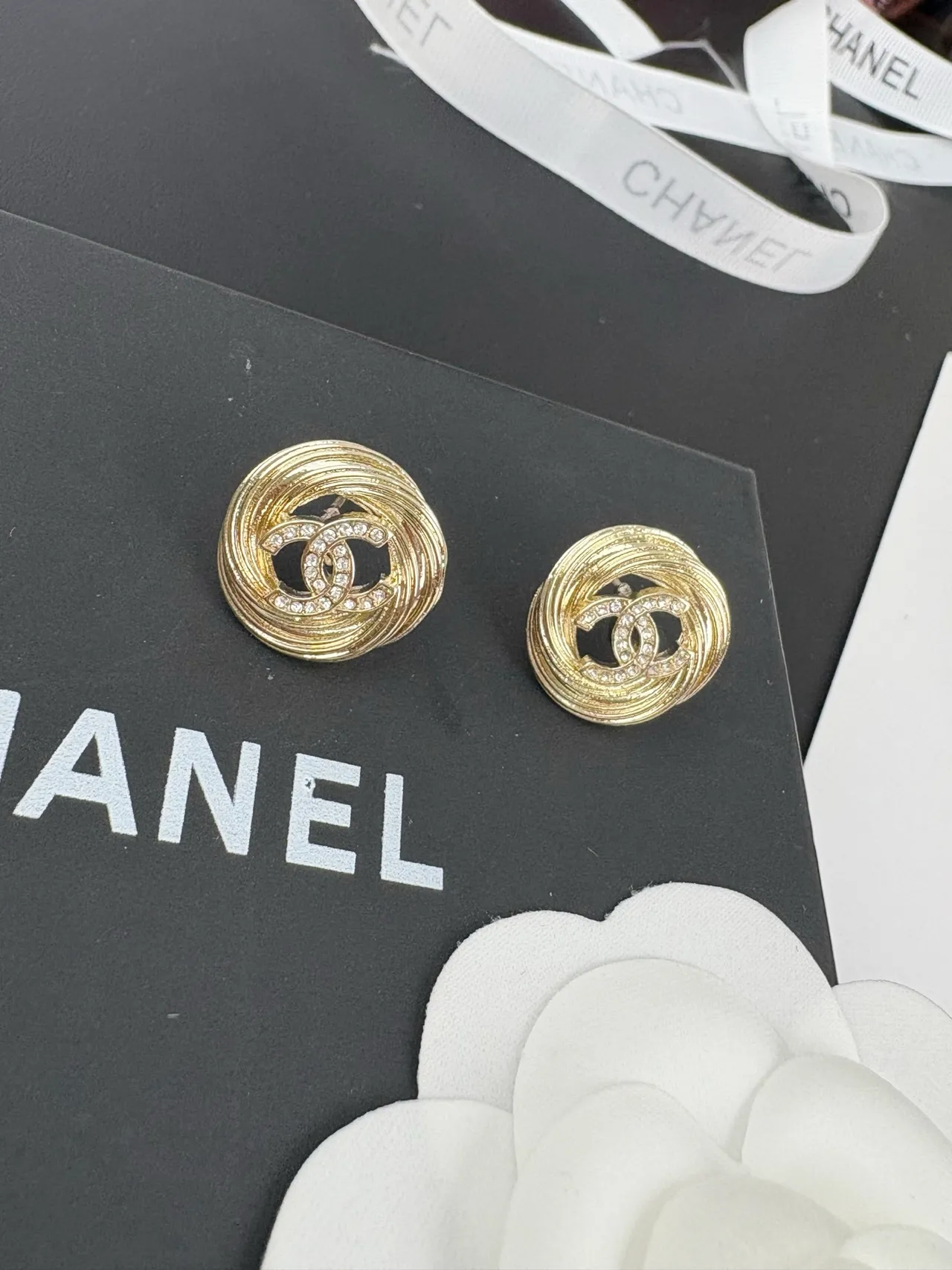 Chanel Gold Black Circular Stud Concentric Coil Design Earrings 2