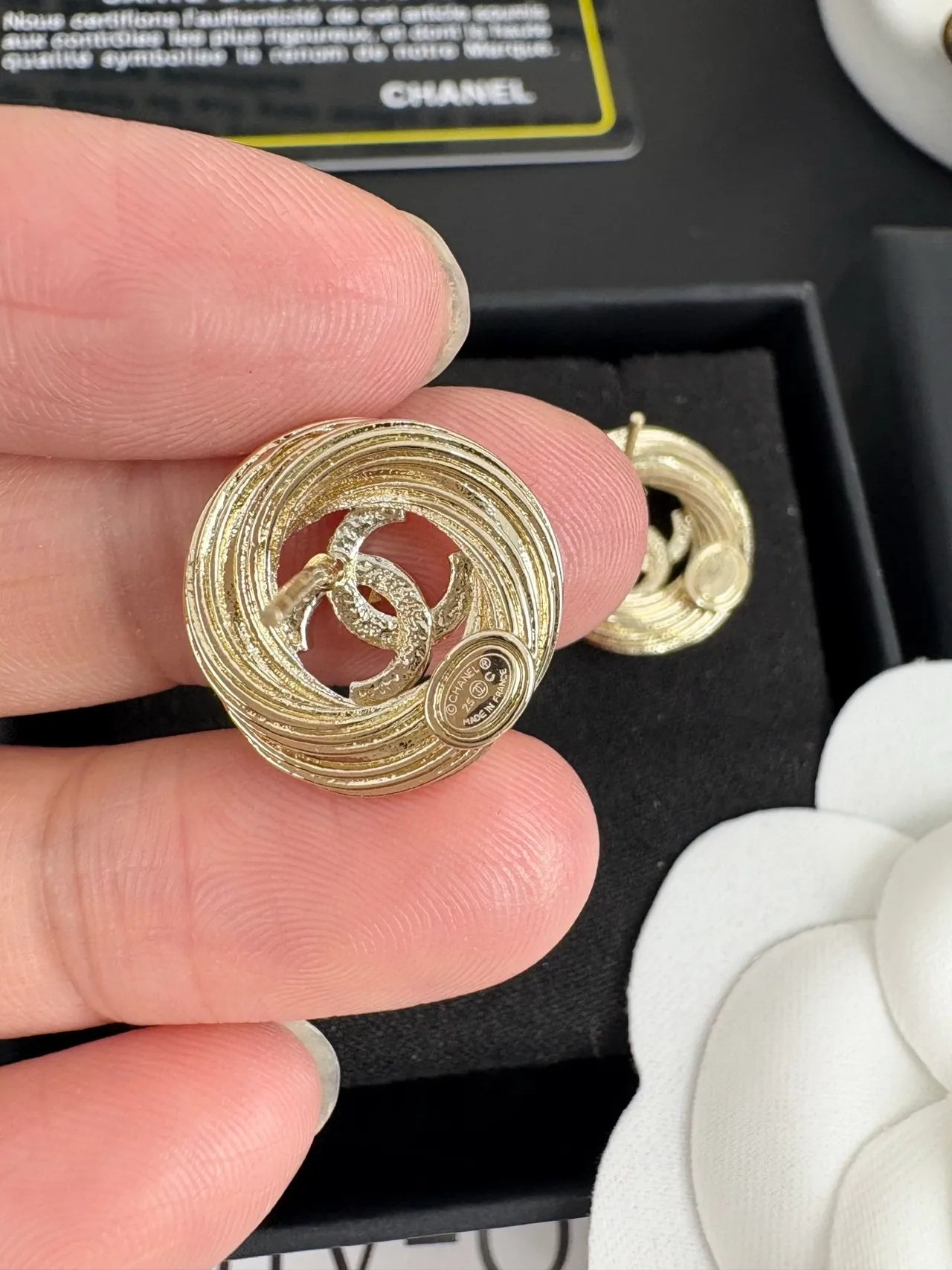 Chanel Gold Black Circular Stud Concentric Coil Design Earrings 6