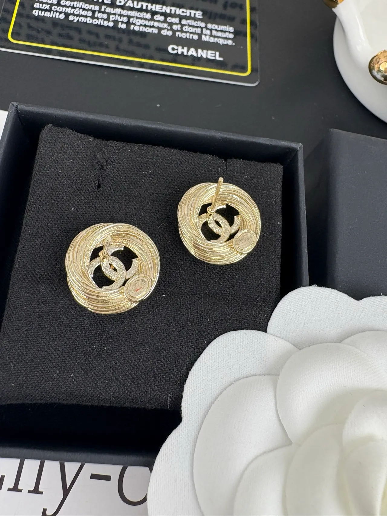 Chanel Gold Black Circular Stud Concentric Coil Design Earrings 7